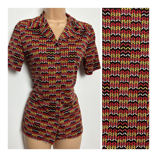 Japanese Vintage 1970s Size 8 Black Red Pink White & Yellow Geo Abstract Print Short Sleeve Shirt