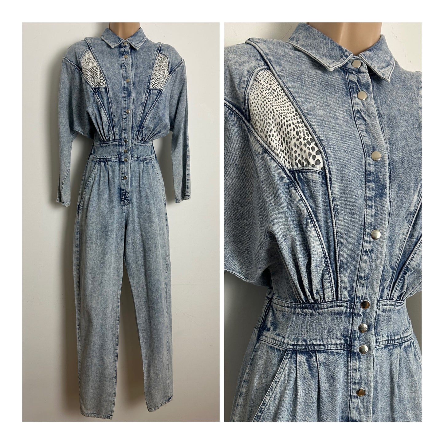 Vintage 1980s AVON FASHIONS Size 8-10 Acid Wash Denim & Snake Print Panels Tapered Leg Jumpsuit