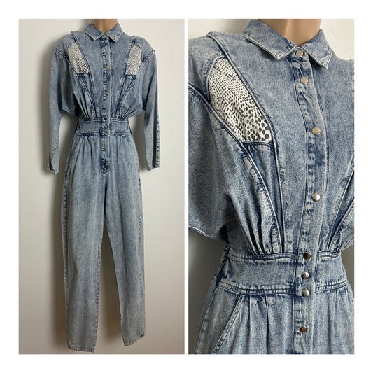 Vintage 1980s AVON FASHIONS Size 8-10 Acid Wash Denim & Snake Print Panels Tapered Leg Jumpsuit