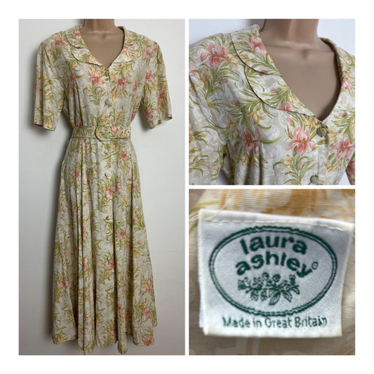 Vintage 1980s LAURA ASHLEY Size 12 Beige Cream & Pink Floral Silk Blend Belted Tea Dress