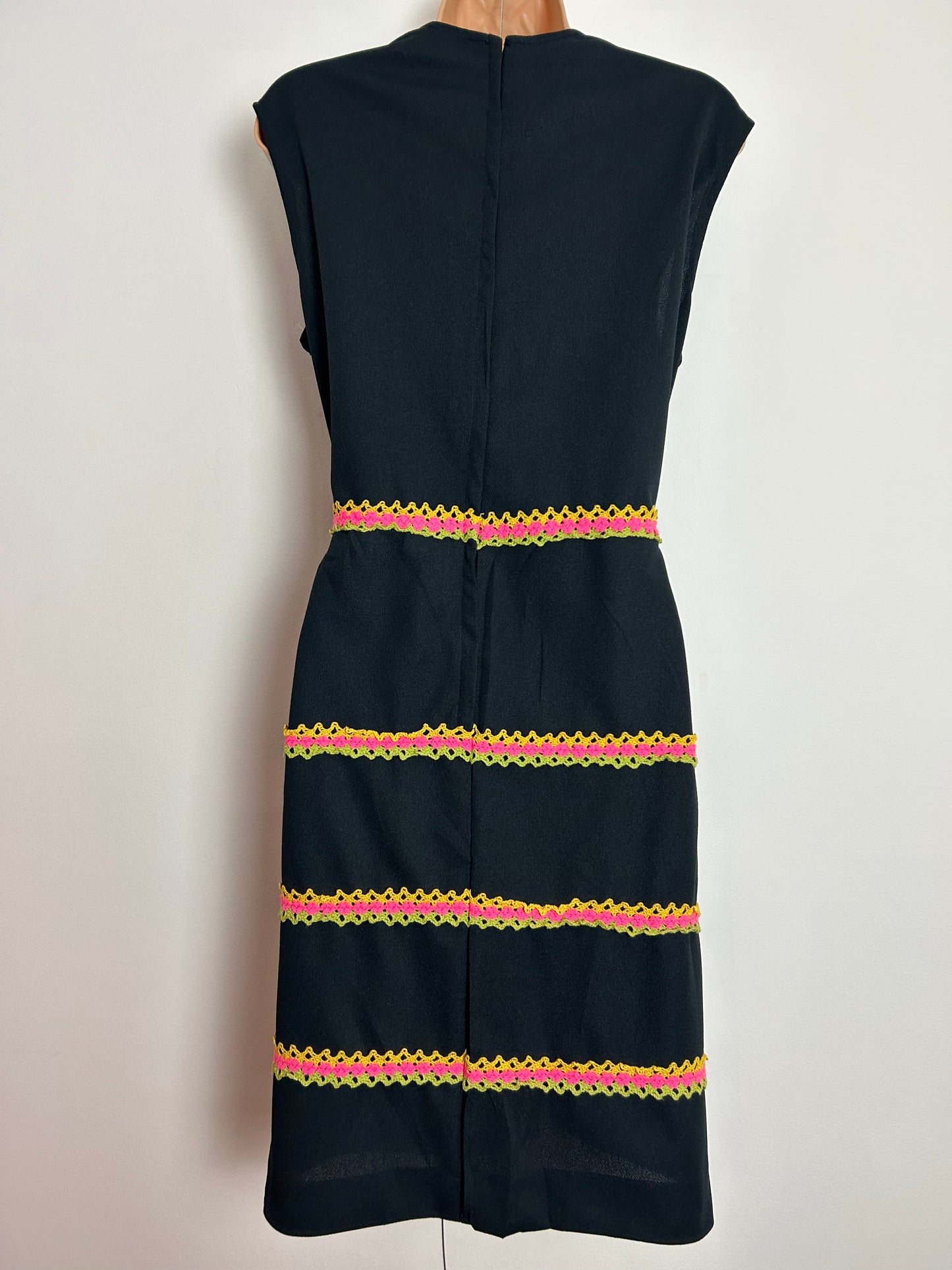 Vintage 1970s JERRI OF MIAMI UK Size 14 Black Yellow Pink Green Crochet Lace Trim Sleeveless Mod Scooter Dress