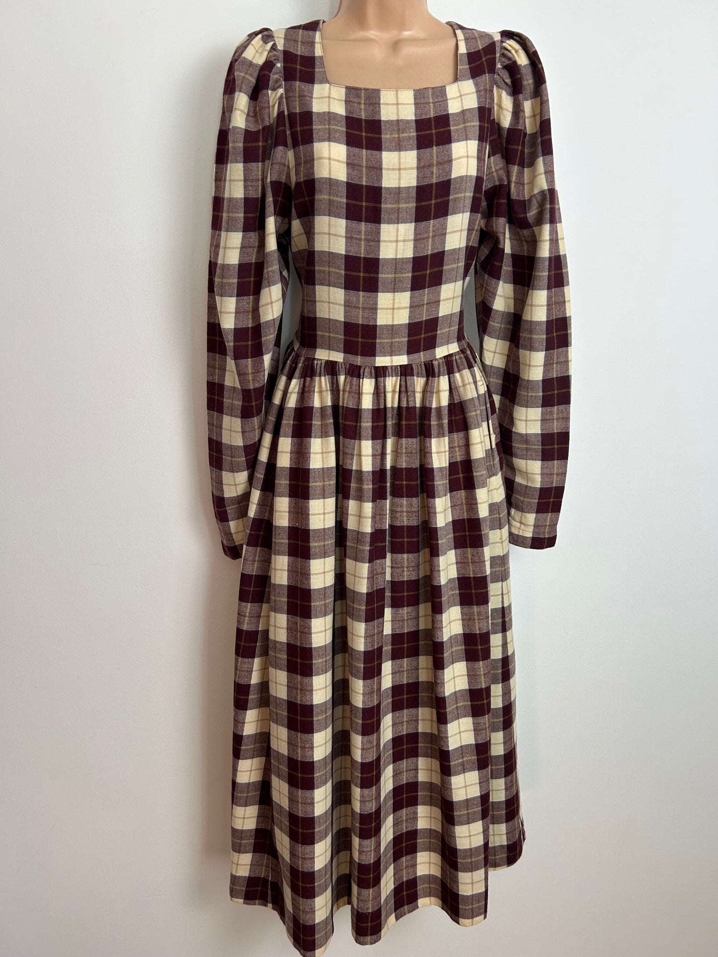 Vintage 1980s LAURA ASHLEY UK Size 10 (Size 12 On The Label) Maroon & Cream Check Print Wool & Cotton Mix Day Dress
