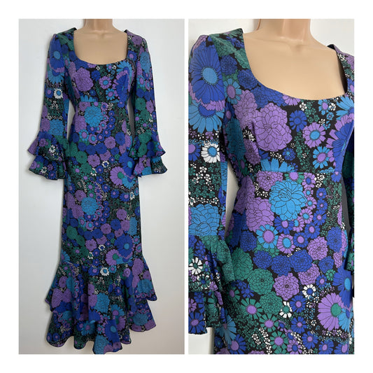 Vintage 1970s CONCORD BY REMBRANDT Size 8-10 Blue Green & Violet Floral Long Sleeve Maxi Dress