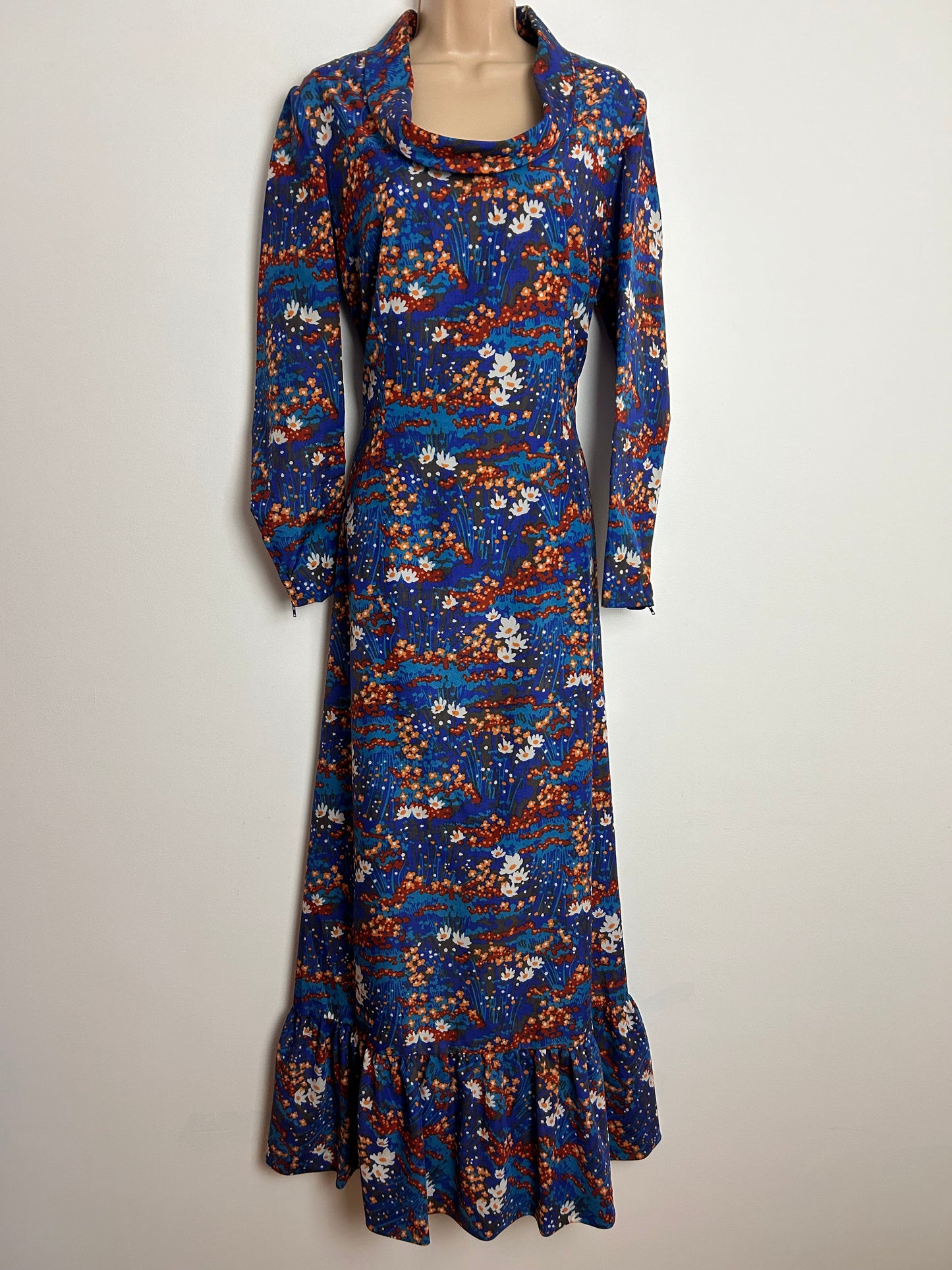 Vintage 1960s CRESTA COUTURE UK Size 12 Blue Orange Brown & White Floral Daisy Print Long Sleeve Maxi Dress