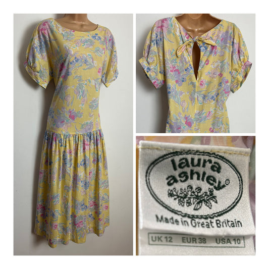 Vintage 1980s LAURA ASHLEY Size 12 Pale Lemon & Pastel Floral Cotton Tie Detail Cotton Day Dress