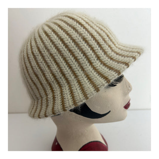 Vintage Cream & Tan Brown Stripe Knit Bucket Style Hat