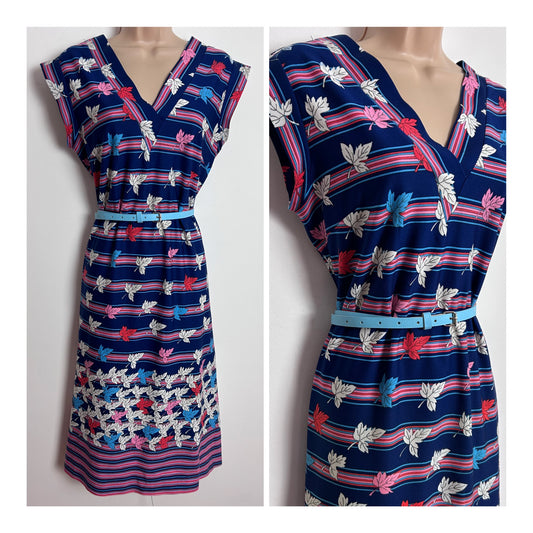 Vintage 1980s UK Size 12 Cute Blue Pink Red & White Leaf & Stripe Print Belted Day Dress