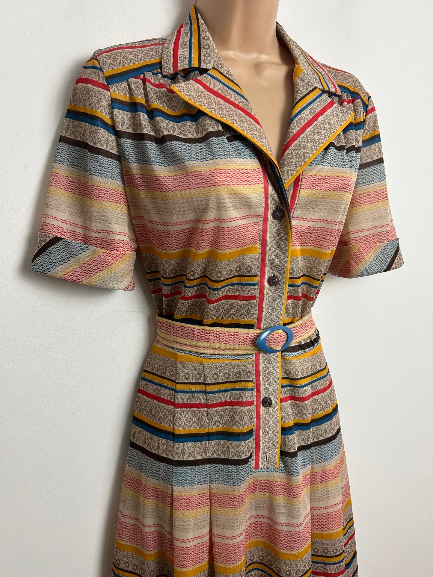 Vintage 1970s Approx Size 10 Beige Red Blue & Mustard Stripe Print Belted Pleated Day Dress