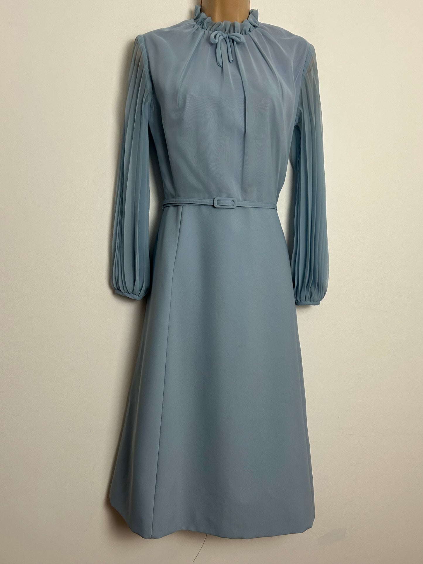 Vintage 1960s PEGGY FRENCH COUTURE UK Size 10 Powder Blue Long Pleated Sleeve Belted Dress With Matching Sleeveless Jacket