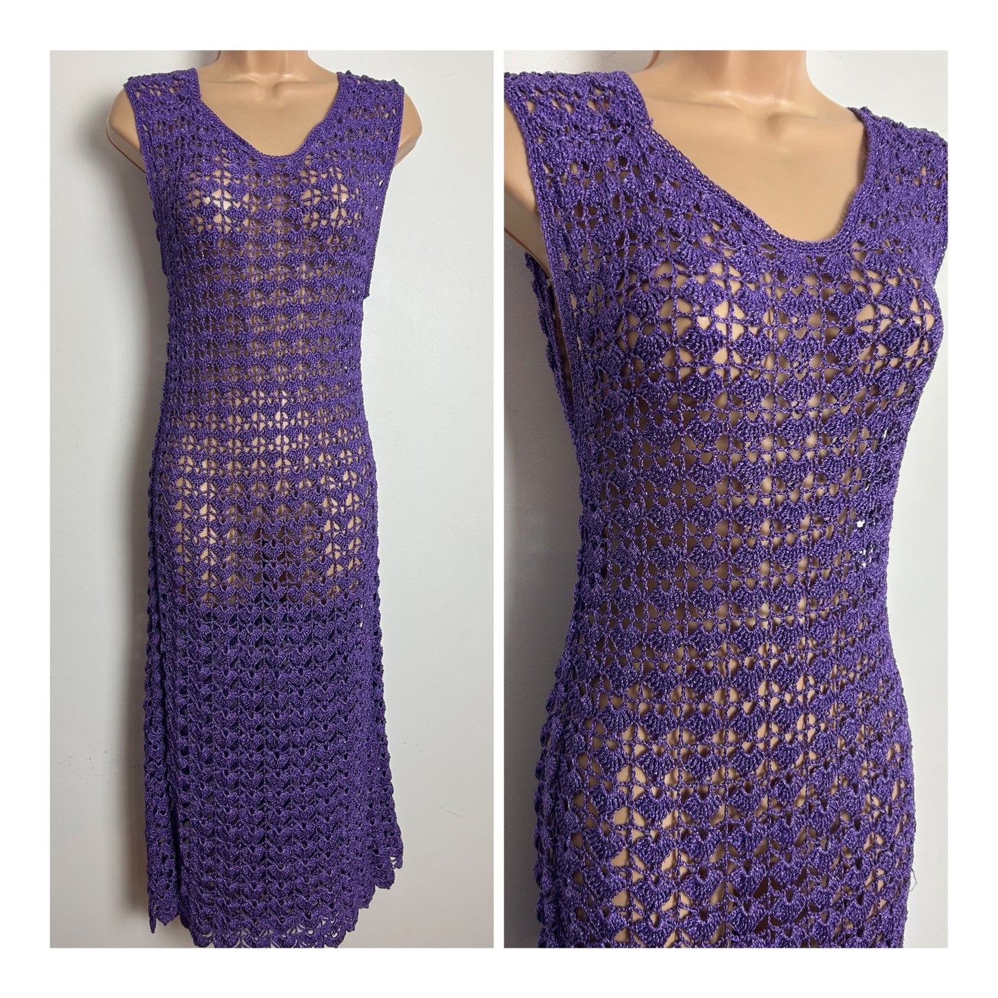 Vintage 1980s Size 12-14 Purple Glitter Crochet Sleeveless Party Occasion Midi Dress