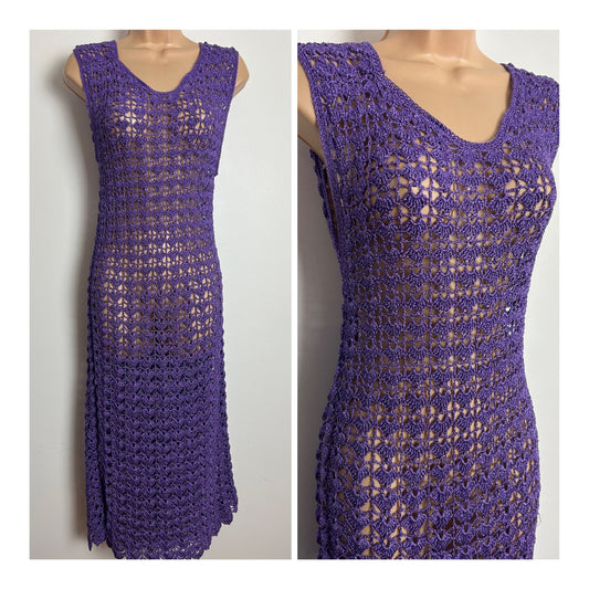 Vintage 1980s Size 12-14 Purple Glitter Crochet Sleeveless Party Occasion Midi Dress