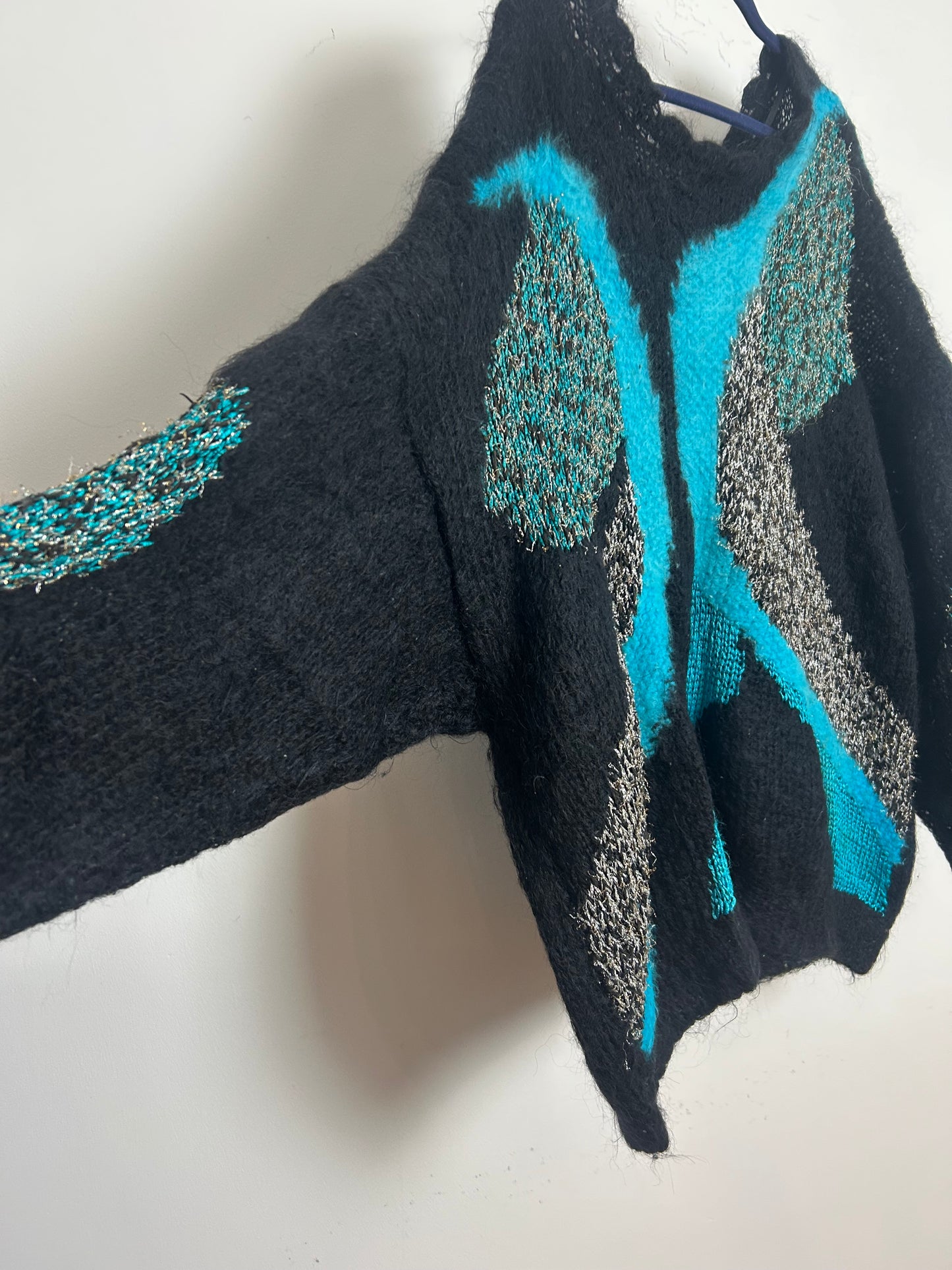 Vintage 1980s One Size Up To Size 18 Black Turquoise & Silver Mohair Mix Slouchy Jumper