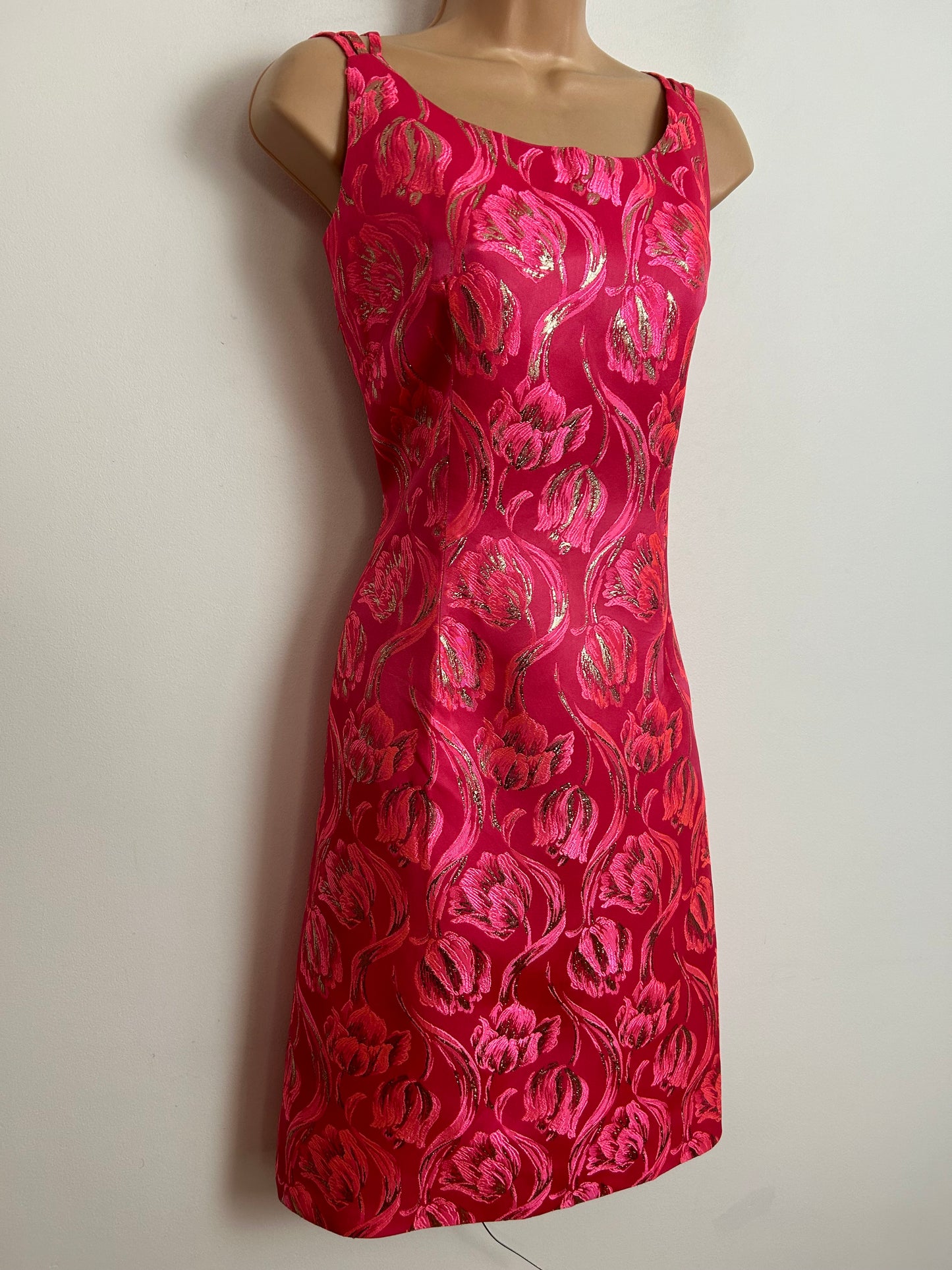 Vintage 1960s DALEWEAR UK Size 10 Hot Pink & Metallic Gold Brocade Satin Triple Strap Mod Occasion Party  Shift Dress