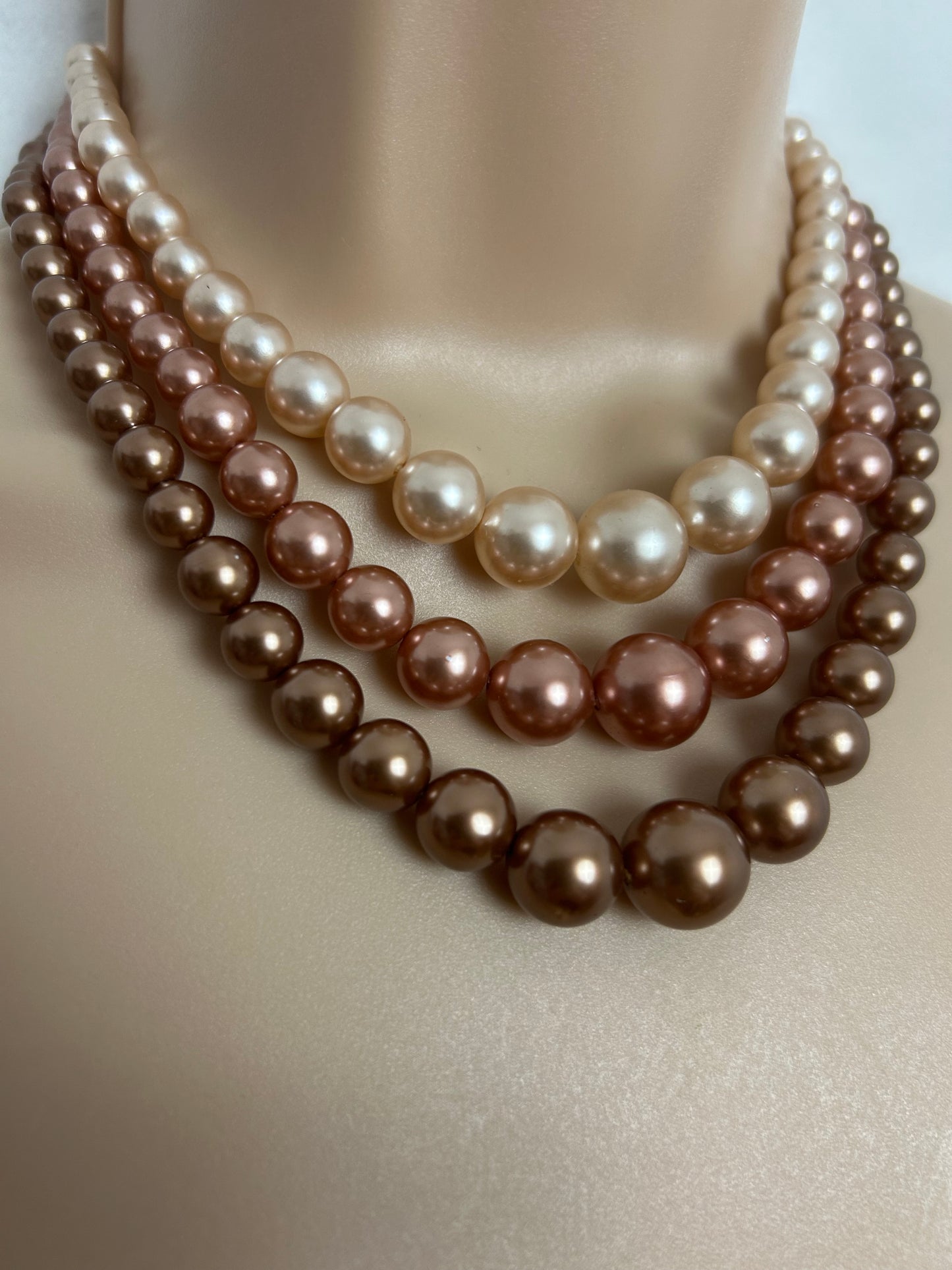 Vintage Bronze & Rose Gold Plastic Faux Pearl Graduated Bead Triple Strand Necklace