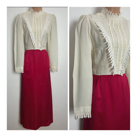 Vintage 1970s Size 8 Ivory White & Raspberry Red Lace Trim Prairie Maxi Dress