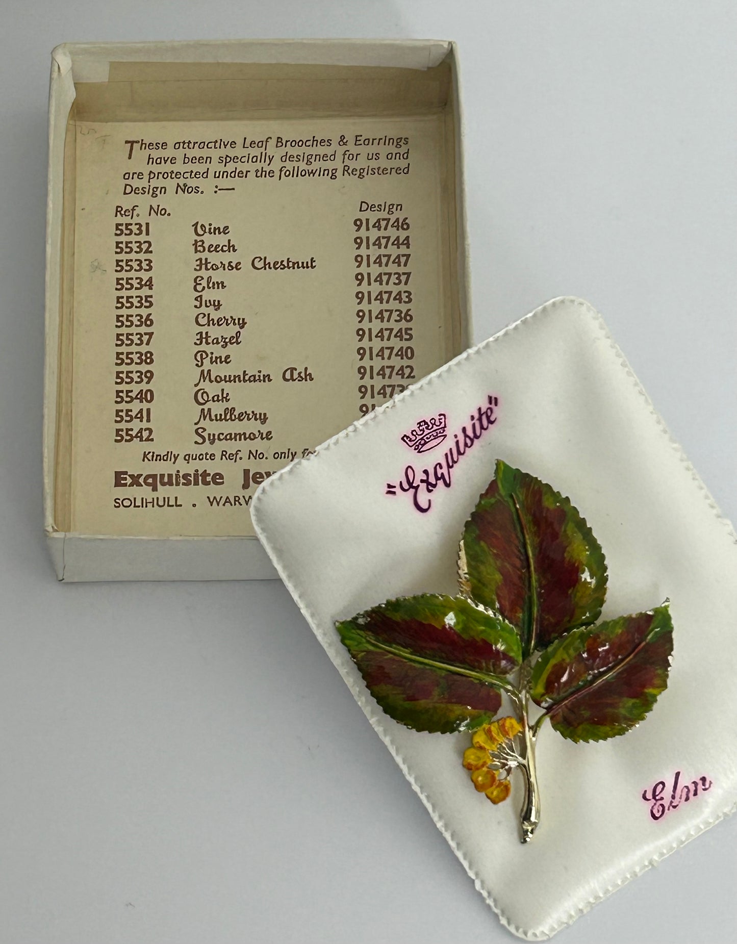 Vintage 1950s EXQUISITE Signed Elm Leaf Enamelled Large Brooch In Original Box