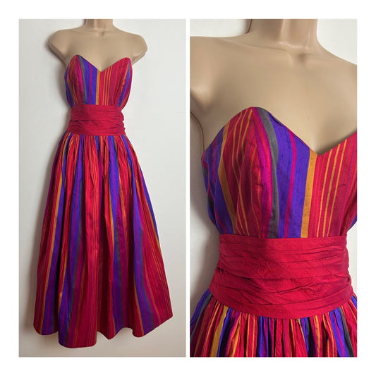 Vintage 1980s MONSOON TWILIGHT Size 6-8 Red Pink Purple & Orange Stripe Print Strapless Pure Silk Ballgown