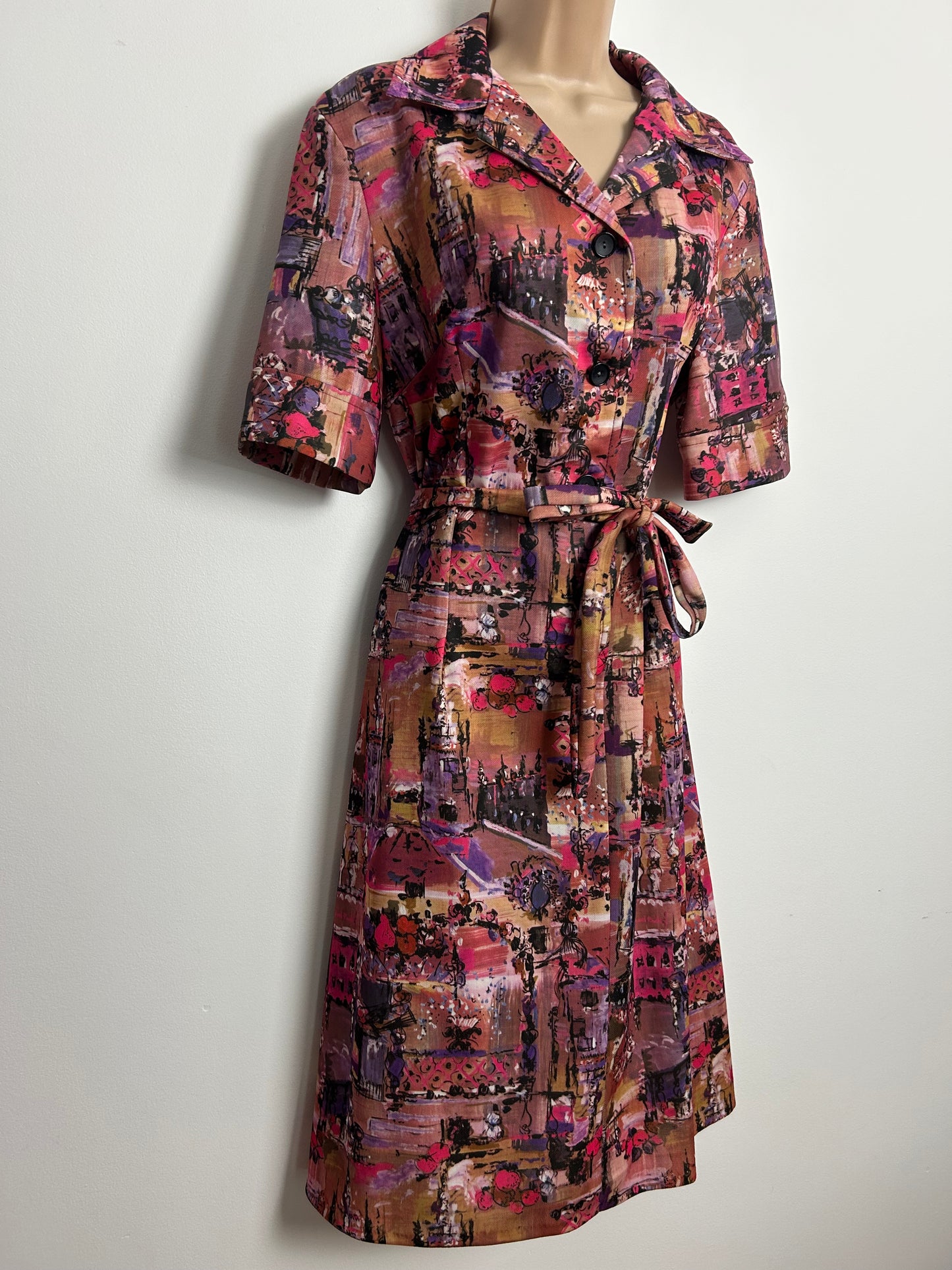 Vintage 1970s Size 14-16 Beige Purple & Pink Warm Tones Abstract Belted Day Dress