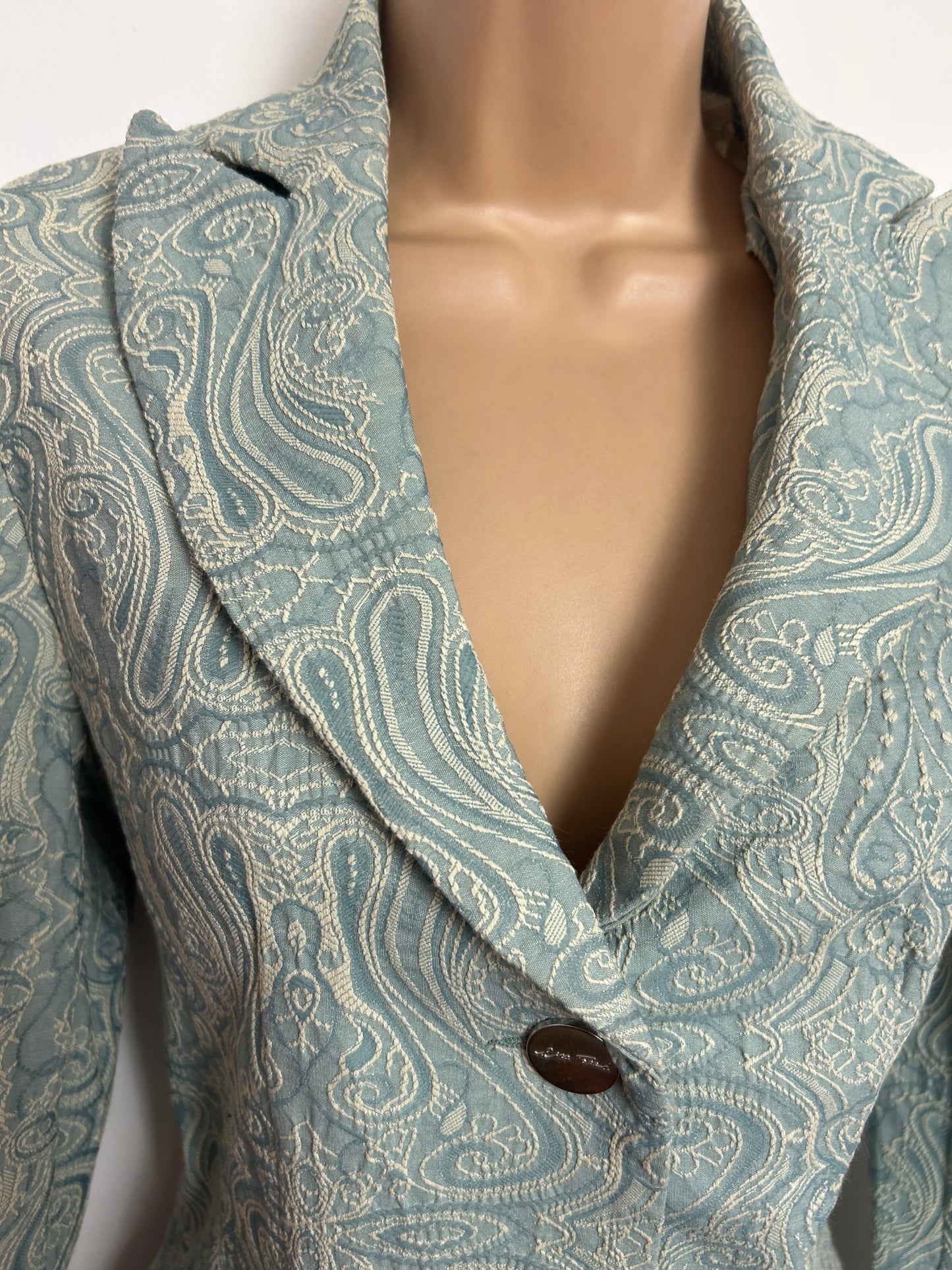 Vintage Y2K LISA TOSSA Size 10 Duck Egg Blue & Cream Embossed Pattern Jacket