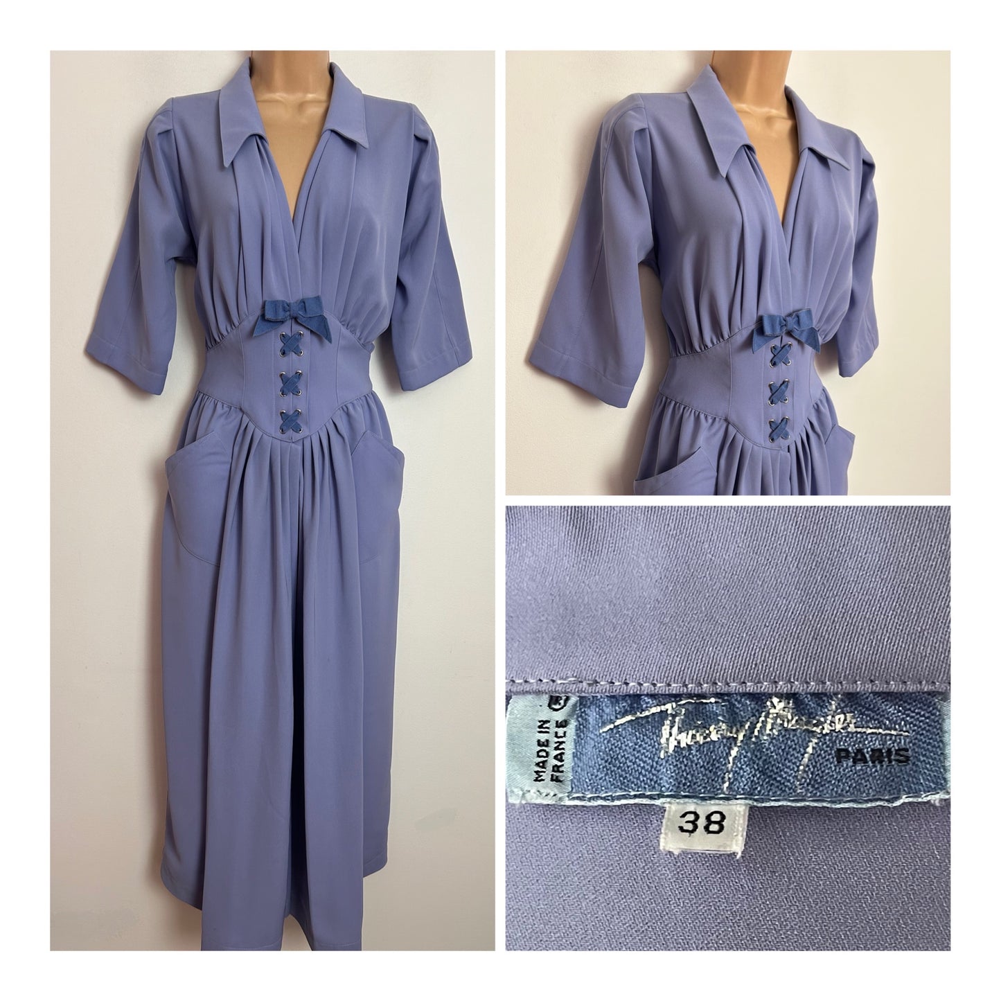 Vintage 1980s DESIGNER THIERRY MUGLER UK Size 8 Lilac Blue Mock Lace Up Detail 1940s Style Dress