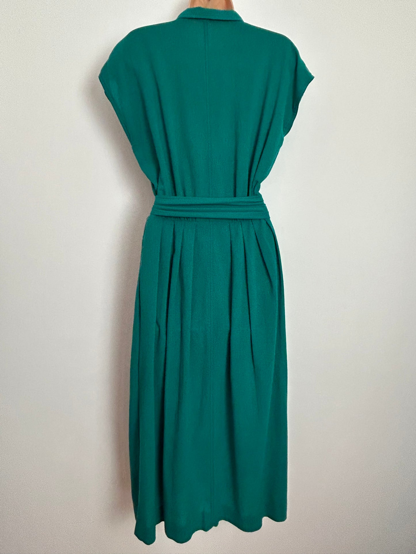 Vintage 1980s JAEGER UK Size 8 Emerald Green 100% Cotton Shirt Style Belted Midi Dress