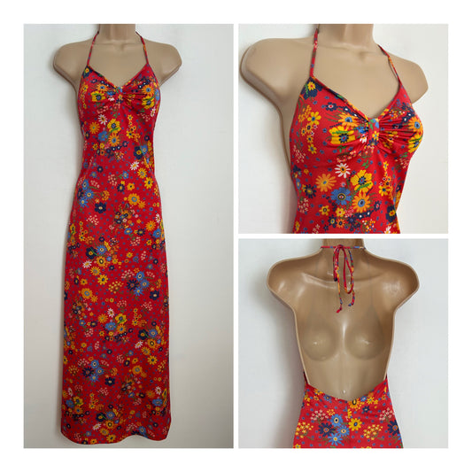 Vintage 1970s HILDES IMPORTS Size 6 Red Yellow & Blue Tones Floral Print Halter Neck Summer Maxi Dress