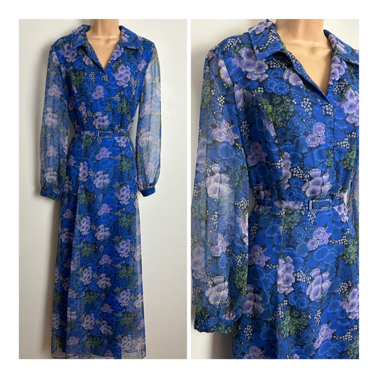 Vintage 1970s Size 12-14 Pretty Blue Tones Floral Print Chiffon Long Sleeve Belted Maxi Dress