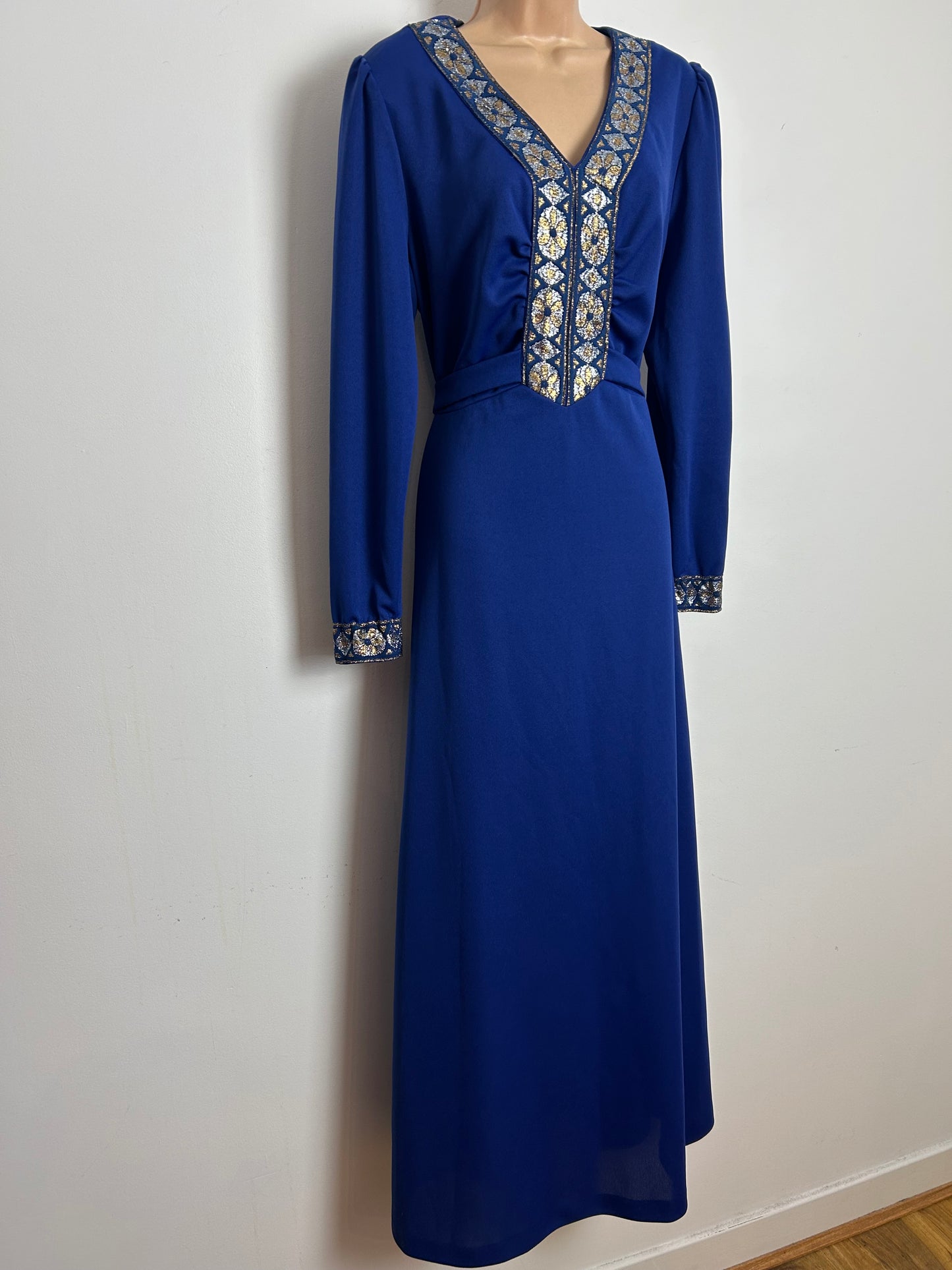 Vintage 1970s Size 16 Navy Blue Silver & Gold Braid Trim Long Sleeve Tie Back Evening Maxi Dress