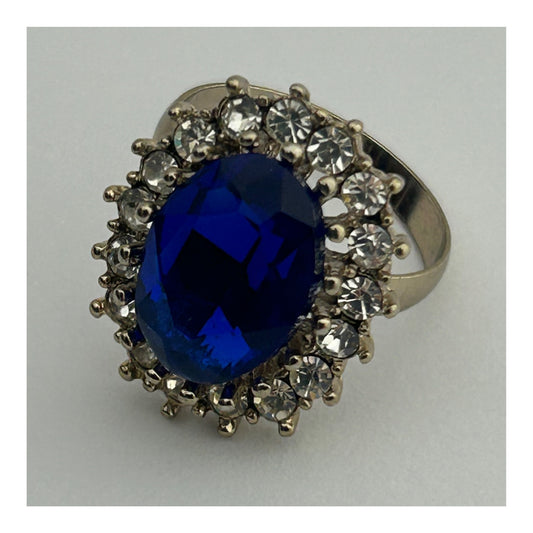 Vintage Blue Glass & Diamante Rhinestone Set Cocktail Ring Size P