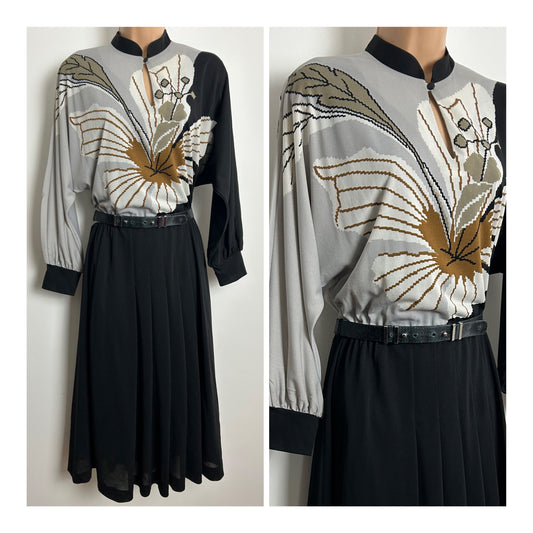 Vintage Early 1980s Size 12-14 Black Grey & Beige Floral Print Long Sleeve Belted Pleated Day Dress