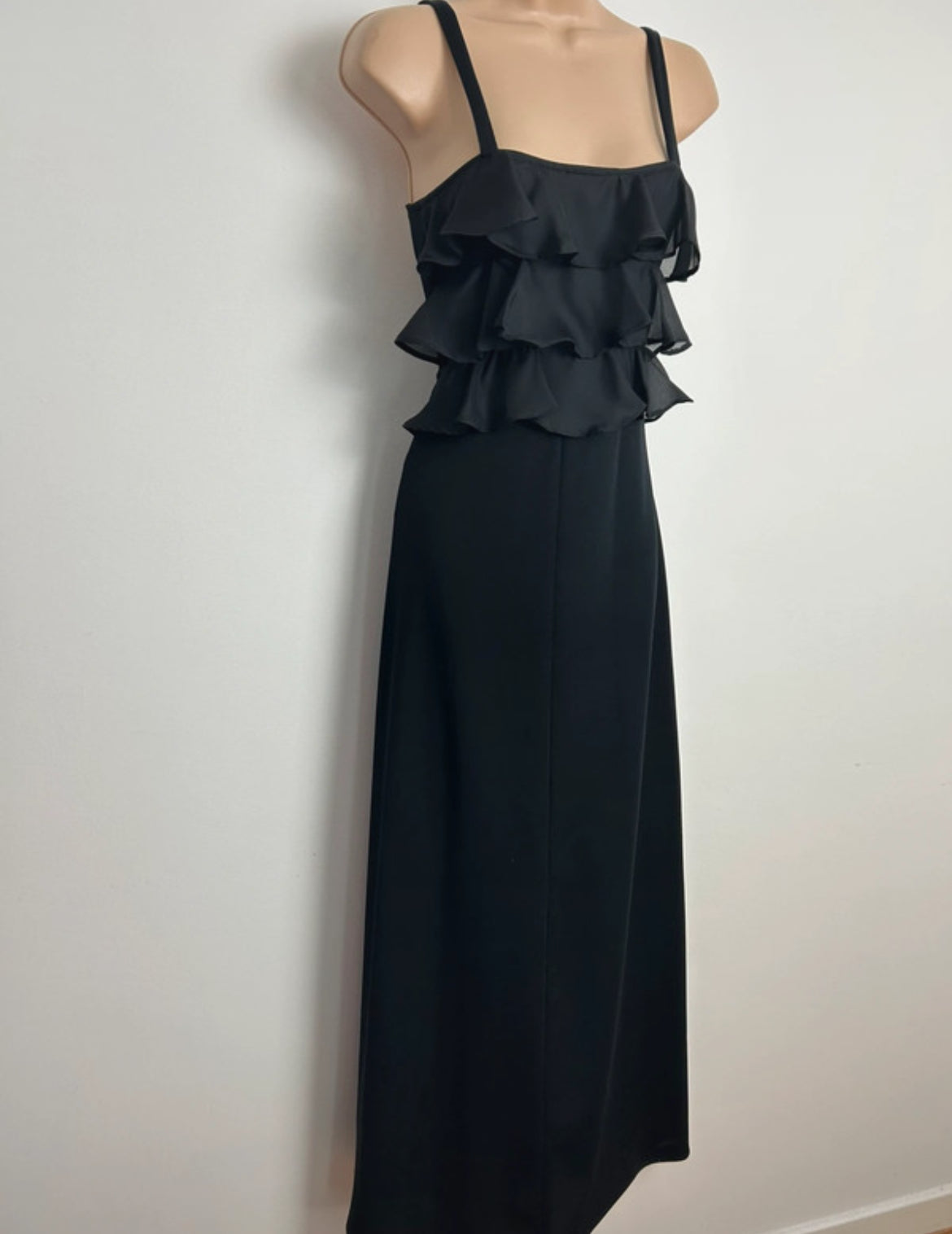 Vintage 1970s Size 4-6 Lovely Black Strappy Ruffle Layered Maxi Dress
