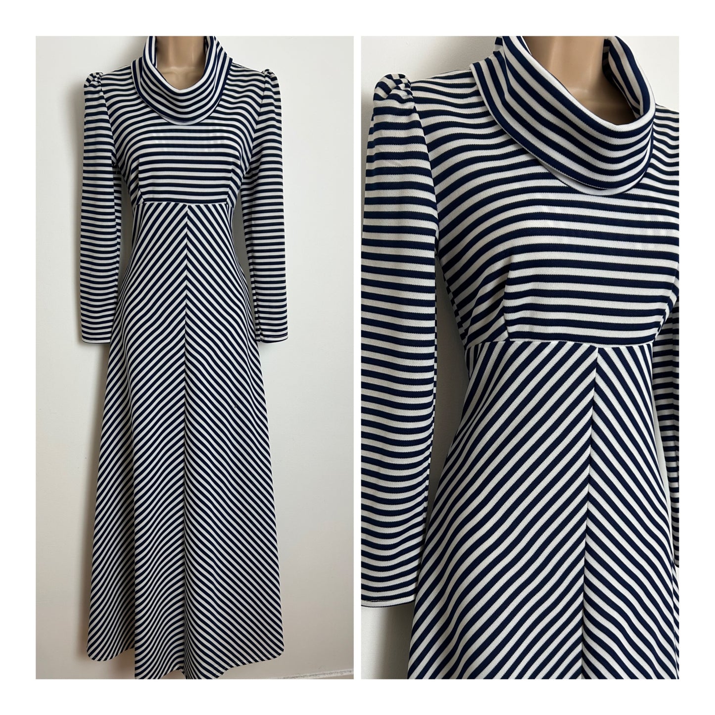 Vintage 1970s Size 8 Navy Blue & White Stripe Print Long Sleeve Funnel Neck Maxi Dress
