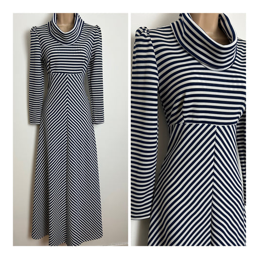 Vintage 1970s Size 8 Navy Blue & White Stripe Print Long Sleeve Funnel Neck Maxi Dress
