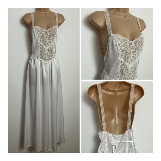 Vintage Size 8 White Lace Detail Tie Back Floral Applique Detail Lace Strap Negligee Nightdress