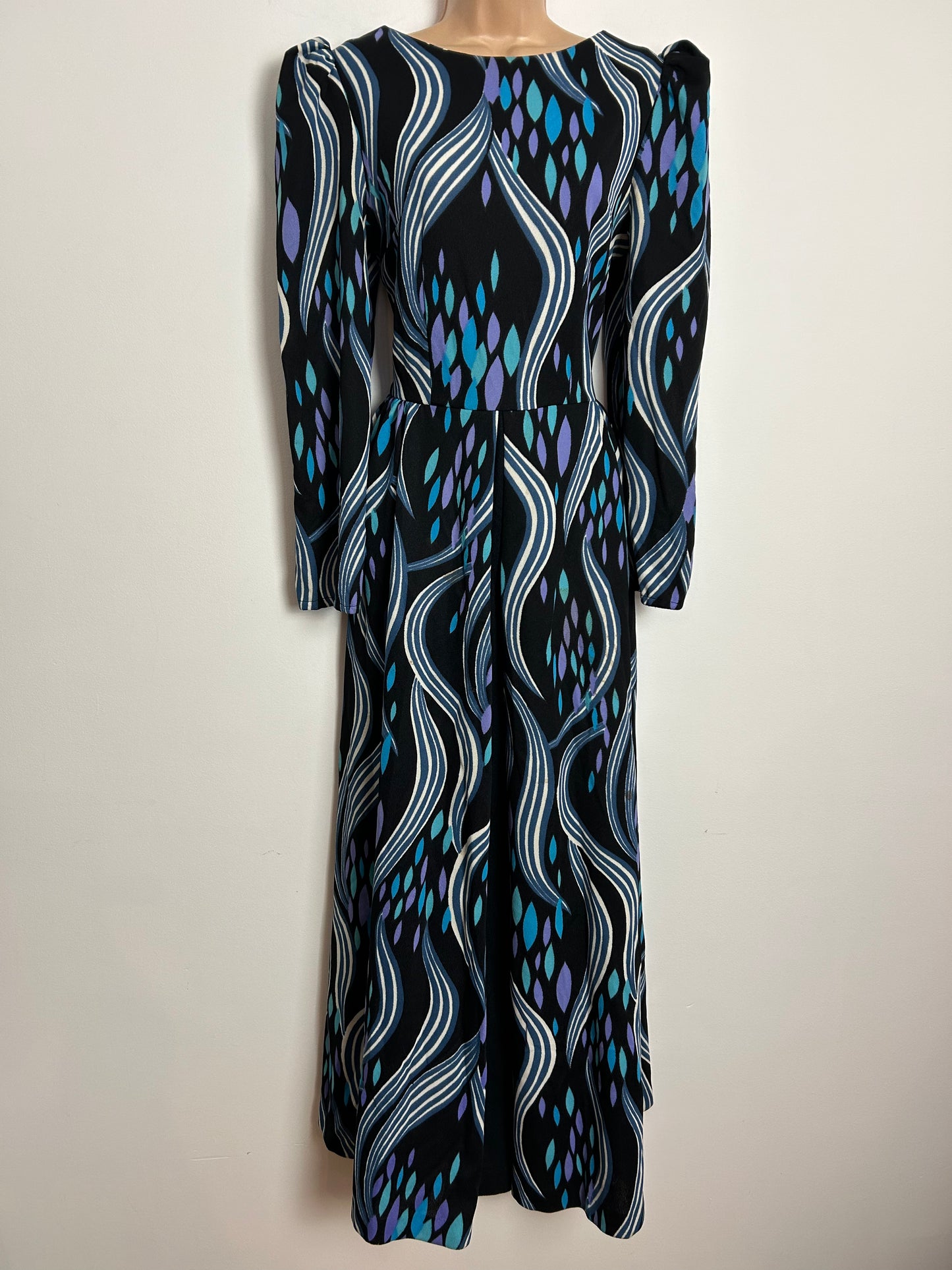 Vintage 1970s HEATHKNIT UK Size 10 Black Blue Purple & Turquoise Wavy Stripe & Petal Print Long Sleeve Boho Crimplene Maxi Dress