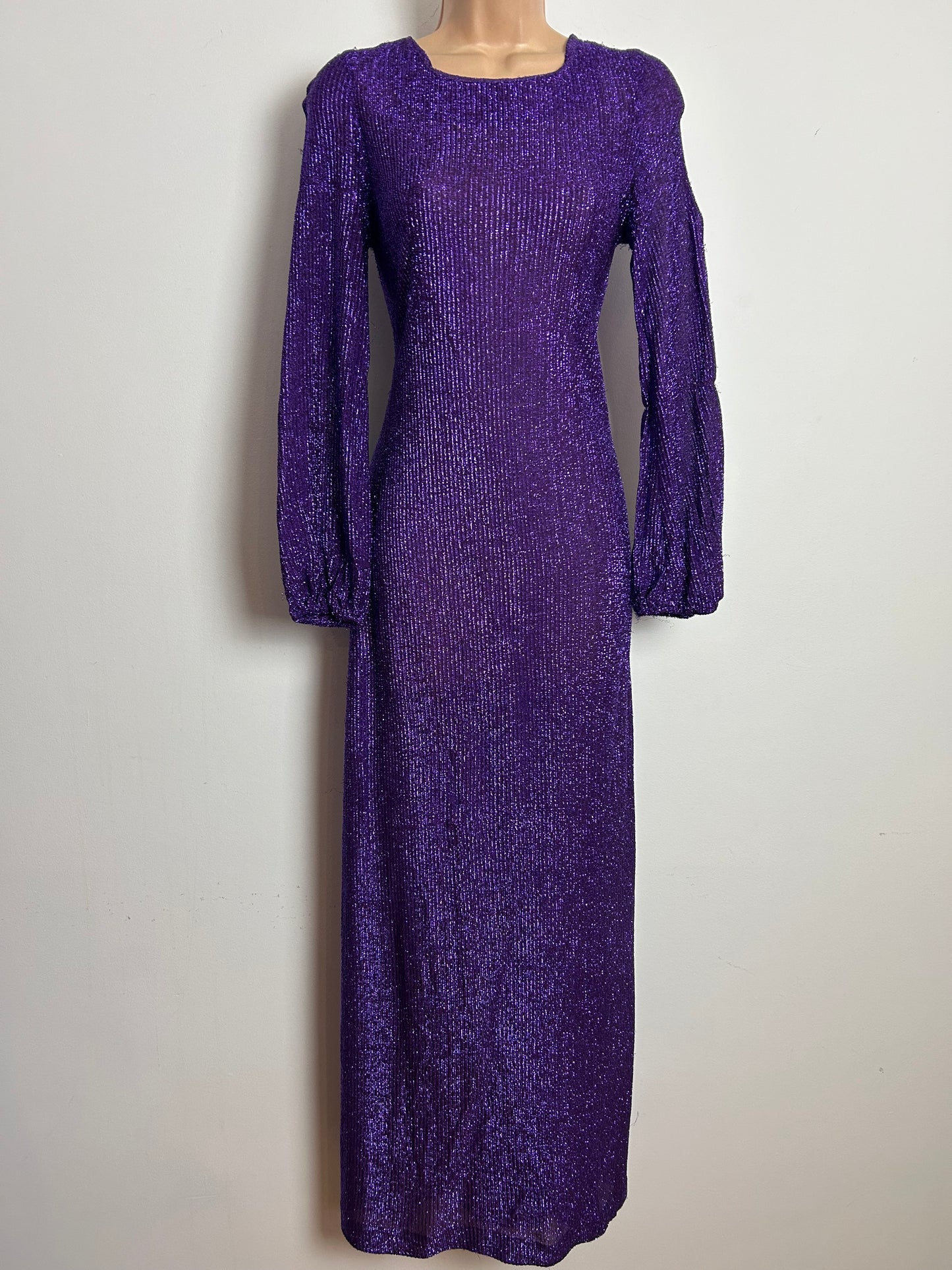 Vintage 1970s Size 6-8 Purple Lurex Glittery Shimmery Long Sleeve Lace Up Black Xmas Party Evening Maxi Dress