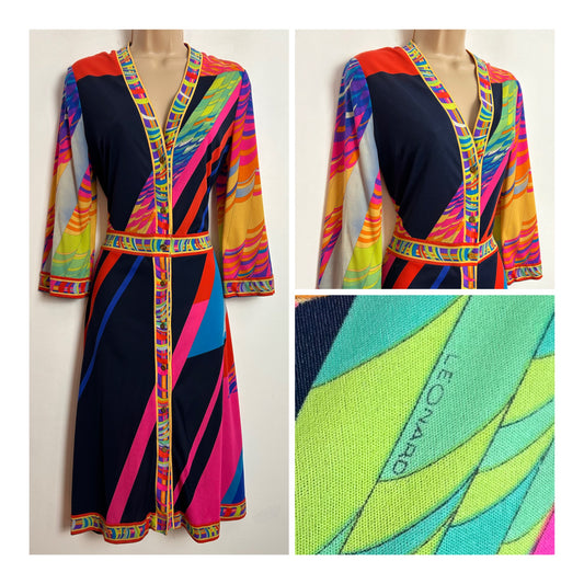 Vintage 1970s LEONARD PARIS UK Size 12 Stunning Vibrant Abstract Print Mikado Silk Jersey Designer Dress