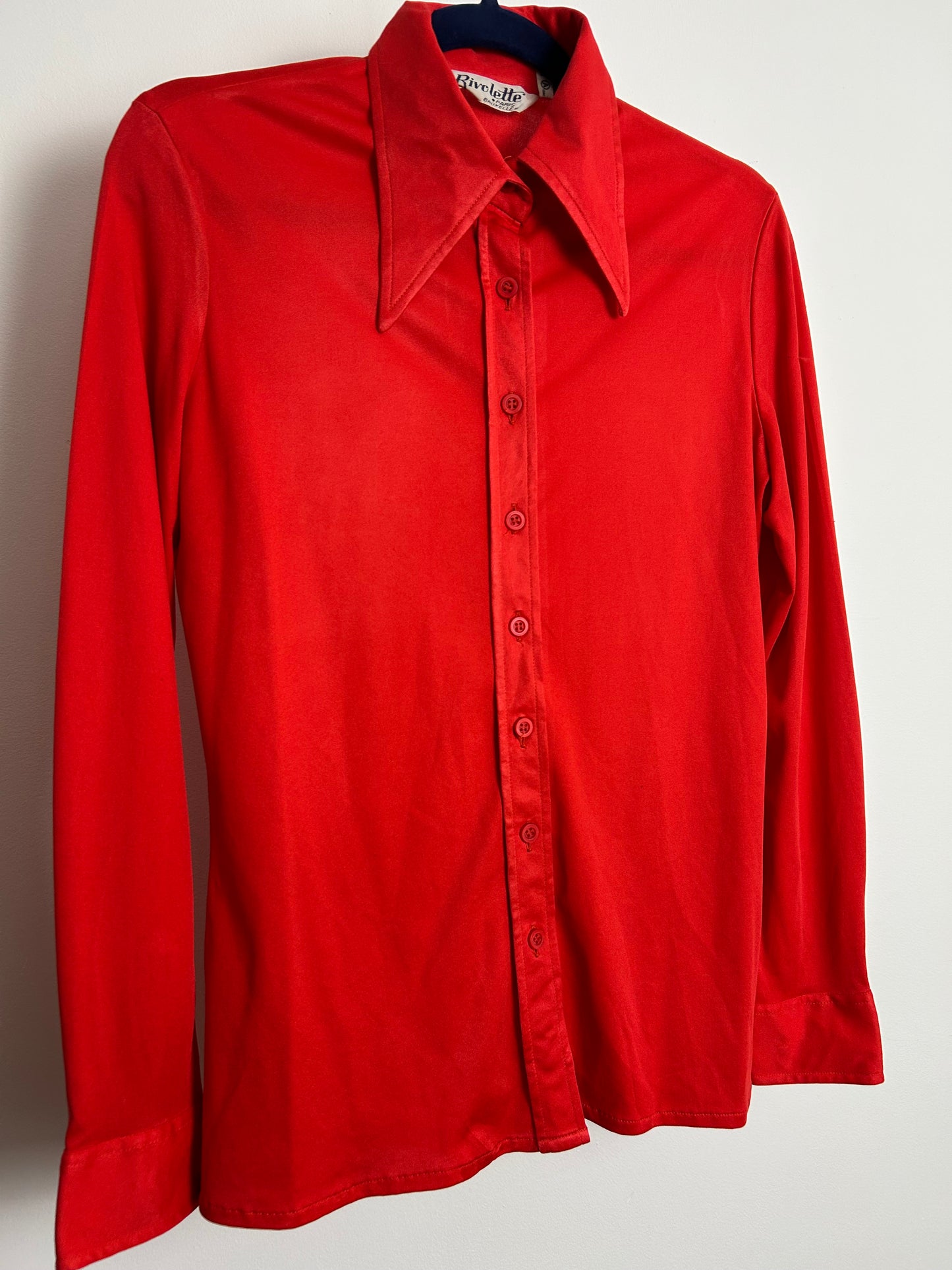 Vintage 1970s RIVOLETTE PARIS Size 12 Red Dagger Collar Long Sleeve Shirt