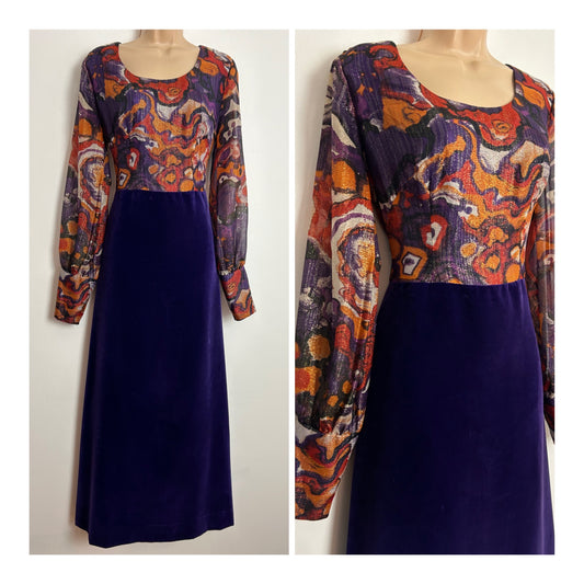 Vintage 1970s UK Size 10-12 Gorgeous Purple Orange & Rust Floral Print Lurex & Velvet Long Sleeve Occasion Maxi Dress