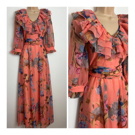 Vintage 1970s PETER ELLIS Size 6 Coral & Blue Floral Chiffon Ruffle Collar Summer Occasion Maxi Dress
