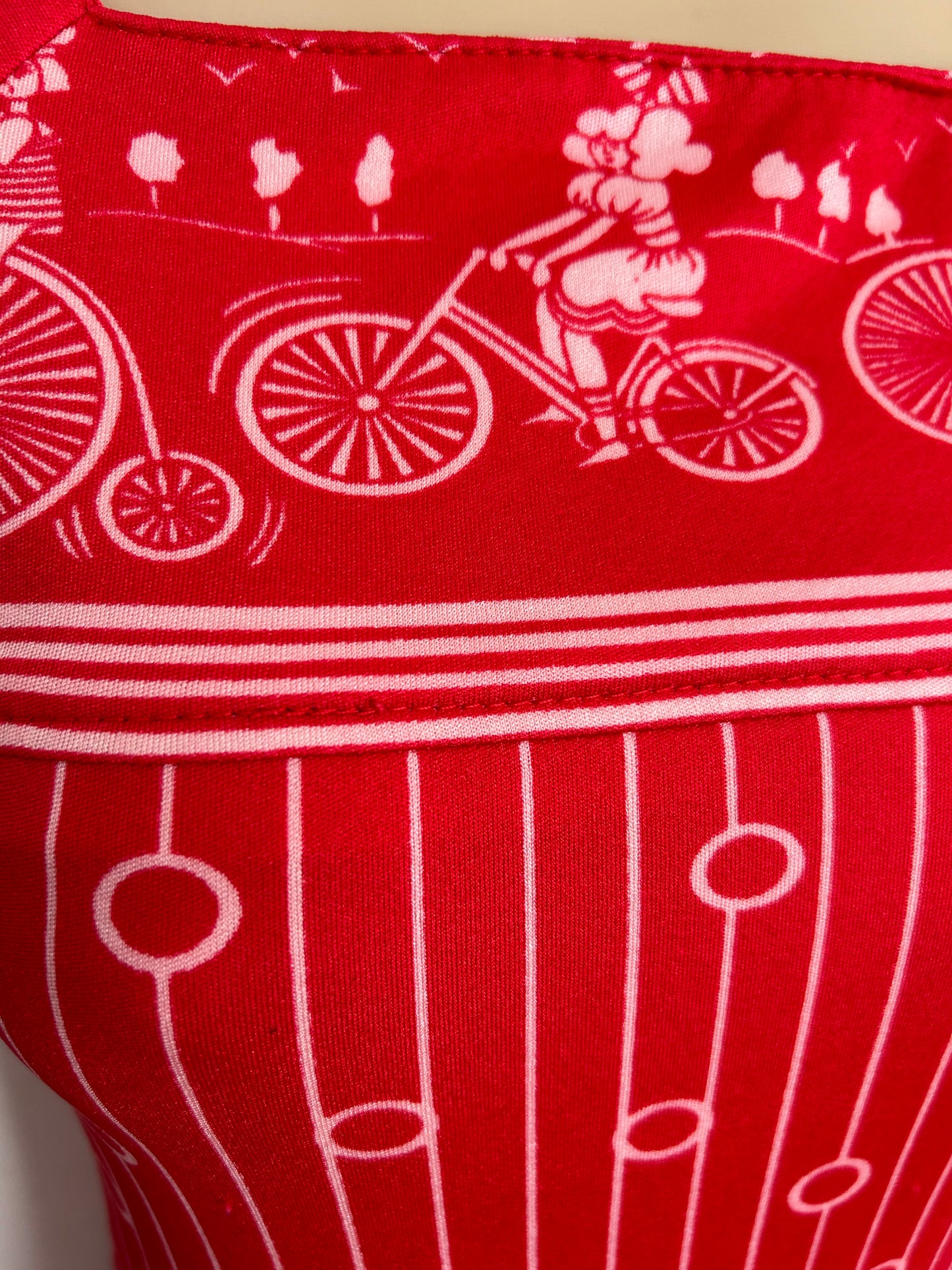 Vintage 1970s UK Size 8 Cute Red & Pink Penny Farthing Stripe & Circle Print Sleeveless Pleated Day Dress