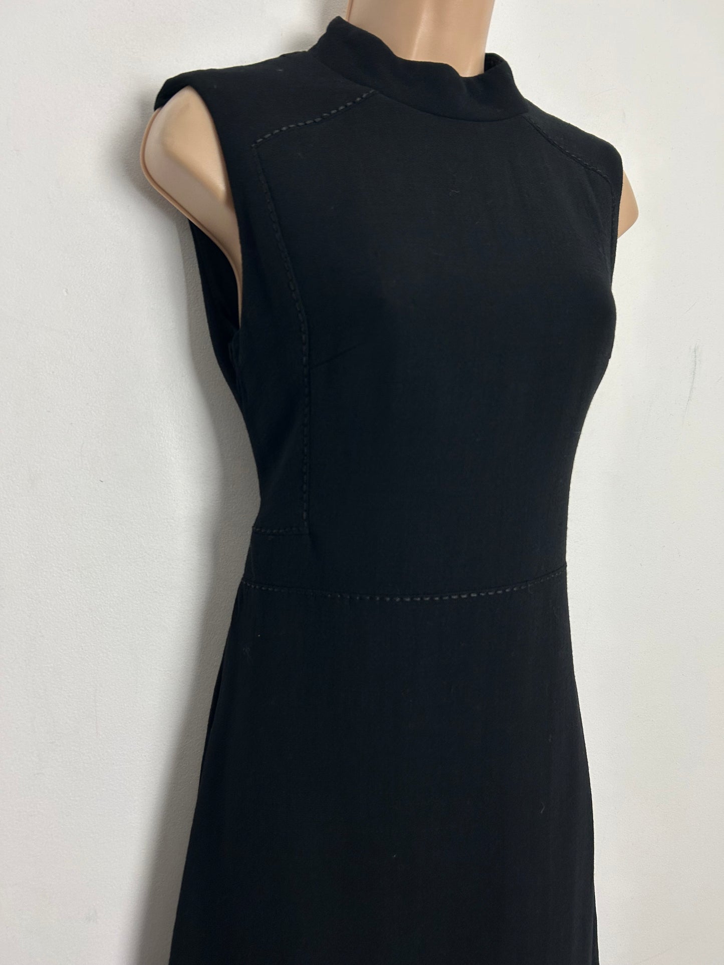 Vintage 1960s UK Size 8 Black Pure New Wool Stitch Detail Mod Shift Dress