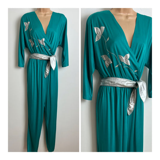 Vintage Late 1970s/Early 1980s GILILAN PAUL Size 12 Dark Turquoise & Silver Floral Applique Belted Jumpsuit