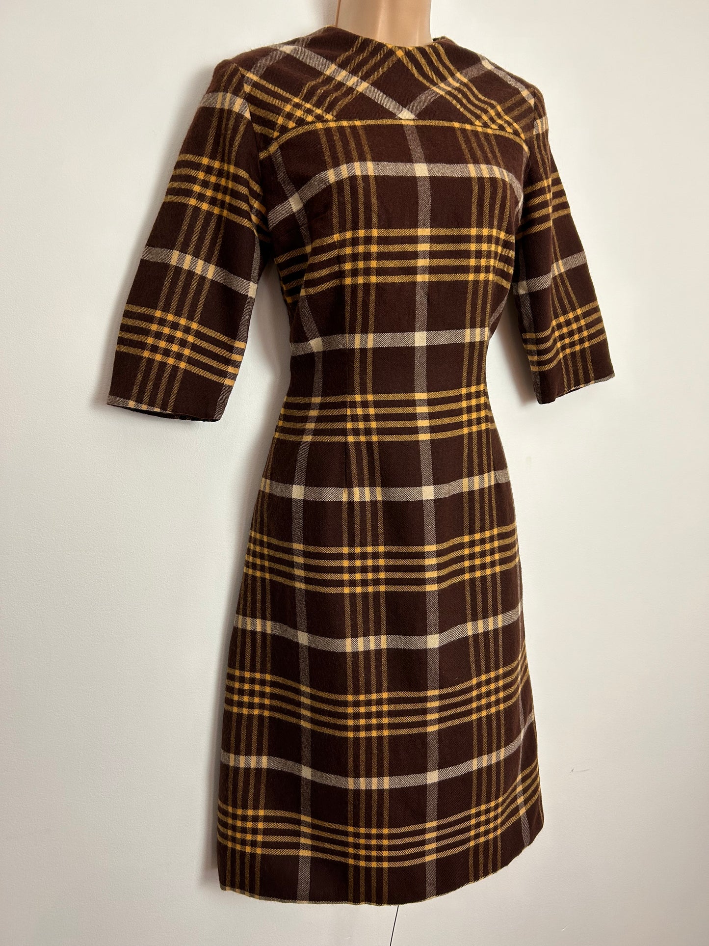 Vintage 1960s UK Size 8 Brown & Mustard Yellow Check Print Wool Mod Day Dress