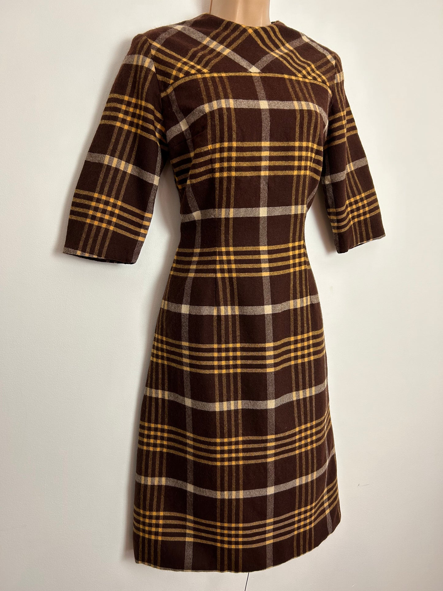 Vintage 1960s UK Size 8 Brown & Mustard Yellow Check Print Wool Mod Day Dress