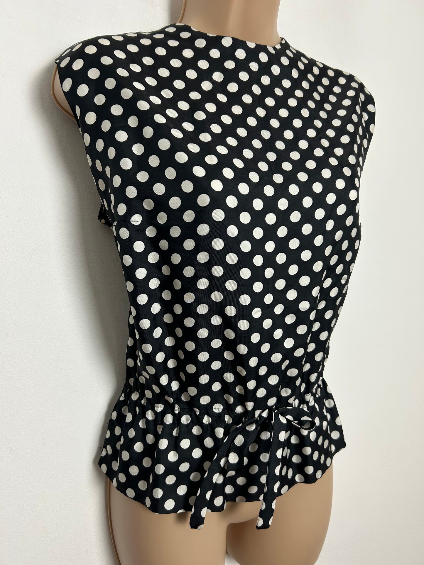 Vintage Late 1960s Size 12-14 Black & White Polka Dot Print Sleeveless Tie Detail Top