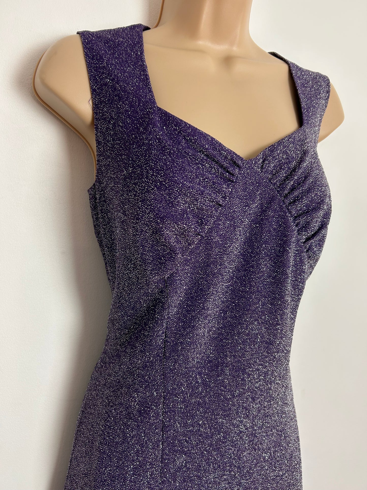 Vintage 1970s UK Size 10 Purple Glittery Sparkly Lurex Sleeveless Occasion Evening Party Maxi Dress