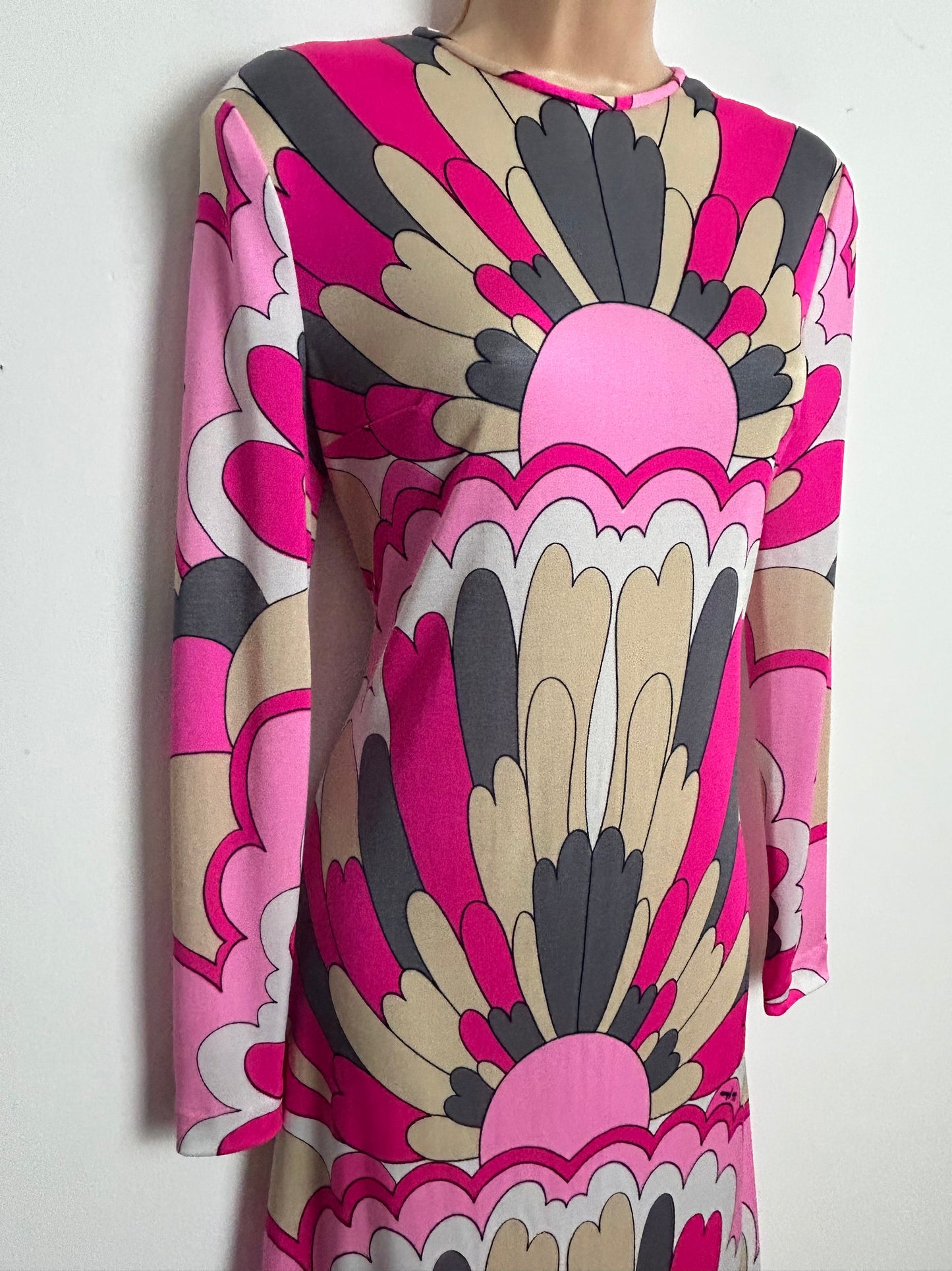 Vintage 1960s 70s Collectable Rare COLIN GLASCOE Size 12-14 Pink Grey Beige & White Psychedelic Print Ban-Lon Jersey Shift Dress