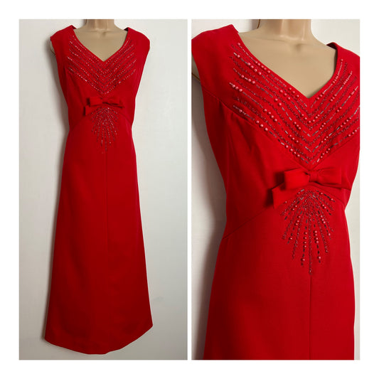 Vintage Late 1960s UK Size 12-14 Red Bead & Bow Embellished Occasion Evening Maxi Dress
