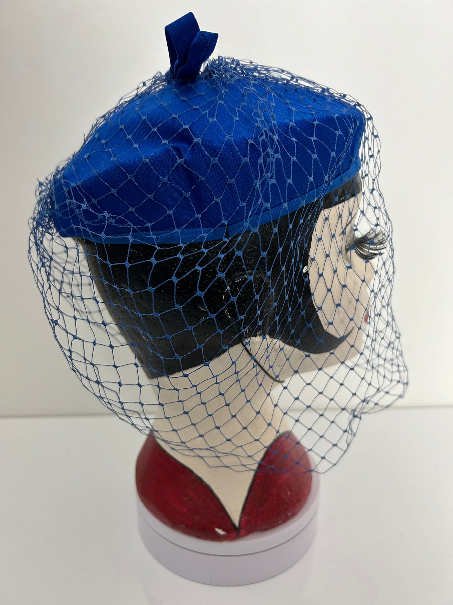 Vintage 1960s BHS MILLINERY Royal Blue Veil Net Covered Pill Box Hat